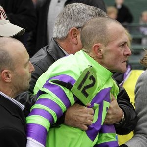 WHAT TWO JOCKEYS WERE IN A FIGHT IN THE WINNER'S CIRCLE ON NATIONAL TELEVISION ELEVEN YEARS AGO?